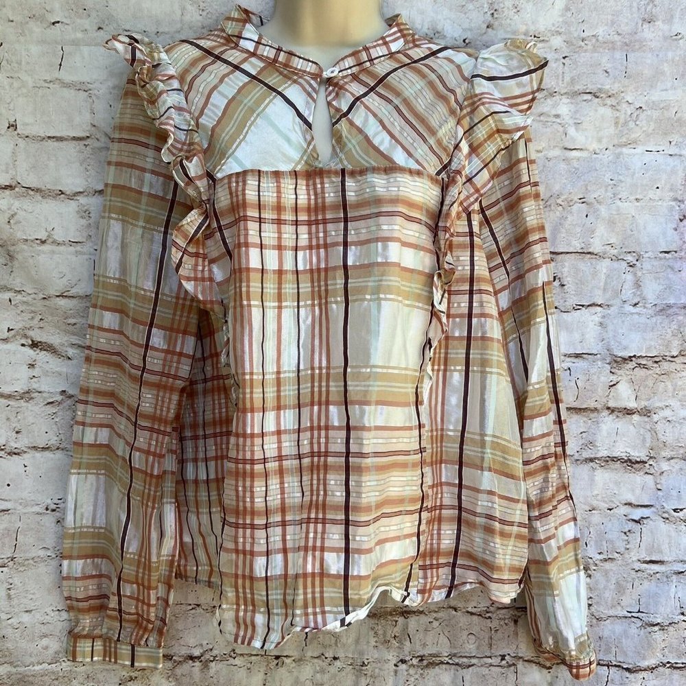 Current Air Anthropologie Polly Plaid Ruffled Shirt Top Blouse Sz Large L Cute - Picture 3 of 10